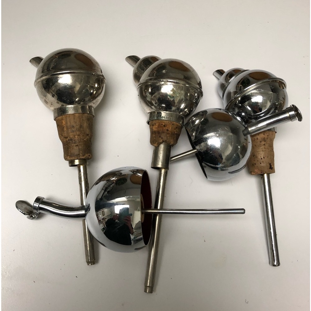 COPY - 5 Vintage Pourers 2 Smaller All with Corks 1 Has Some Corrosion Stainles…